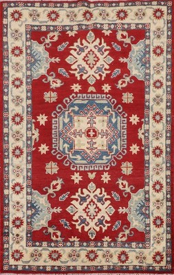 Handmade Super Kazak Accent Rug 3x5 Red/ Ivory Geometric Oriental Wool Foyer Rug