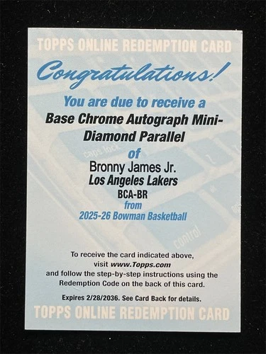 2025-26 Topps Bowman Chrome Bronny James Jr. Mini-Diamind Auto /100