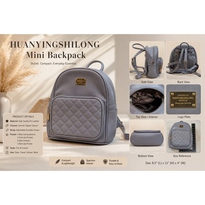Jingpin Huanyingshiyong Grey Quilted Mini Backpack Faux Leather Gold Hardware