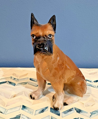 Glazed Uncropped Porcelain Boxer Dog Statue-5.5''-(pre-owned, excellent)