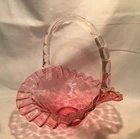 VINTAGE FENTON Cranberry Ruffled Top & Clear Handled Basket