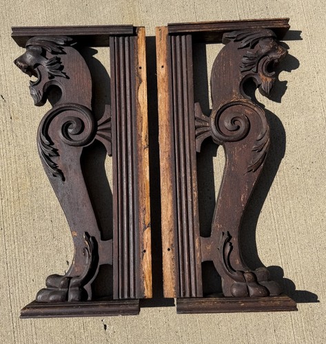 Gothic Lion Gargoyle Griffin Pair Carved Wood Architectural Salvaged Organ Part