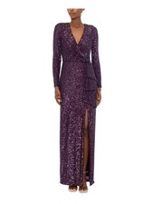 XSCAPE Womens Purple Lined Drape Accent High Slit Formal Dress 4