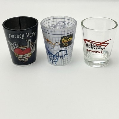 Set Of 3 Dorney Park Shot Glasses Ride Warriors Talon Roller Coaster Souvenirs