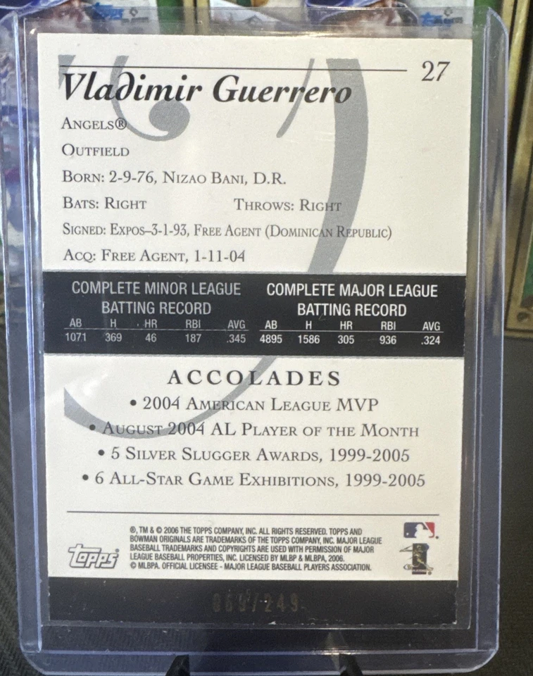 2006 Bowman Originals Vladimir Guerrero Blue 69/249 #27 Anaheim Angels - Image 2 of 2