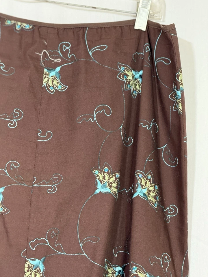 JKLA California Y2K Womans Sz 1X Brown Floral Embroidered Midi A-Line Skirt Boho - Image 3 of 4