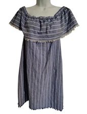 Ethereal By Paper Crane Blue Striped Chambray Off Shoulder Linen Mini Dress M