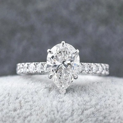 2.60 CTW Pear Cut Certified VVS1 Moissanite Wedding Ring 14K White Gold Plated