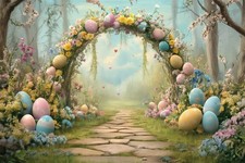 Easter Forest Flower Eggs Wreath Bunny Photo Background Banner Party Decor