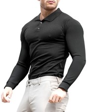 Men's Muscle Polo Shirts Long Sleeve Casual T- Shirts Slim Fit Stretch Ribbed...