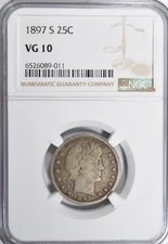 1897-S BARBER QUARTER ~ NICE ORIGINAL NGC VG10 BORDERLINE FINE!