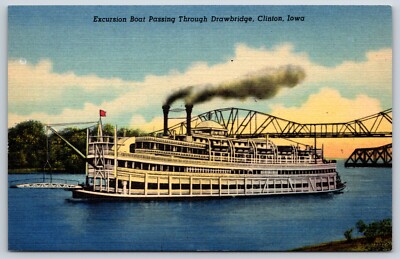 Postcard Excursion Boat Passing Through Drawbridge, Clinton, Iowa Unposted
