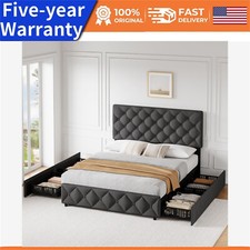 Queen Size Bed Frame with Four Storage Drawers Headboard and Slat Support