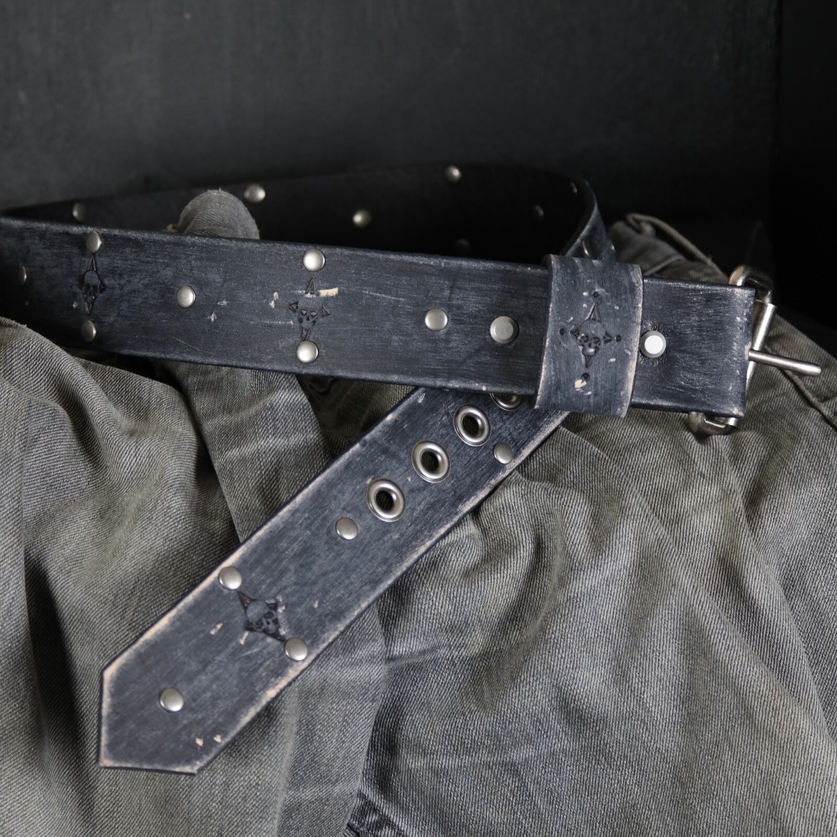 Studded Leather Belt. Distressed. Skull Design. 2” Wide