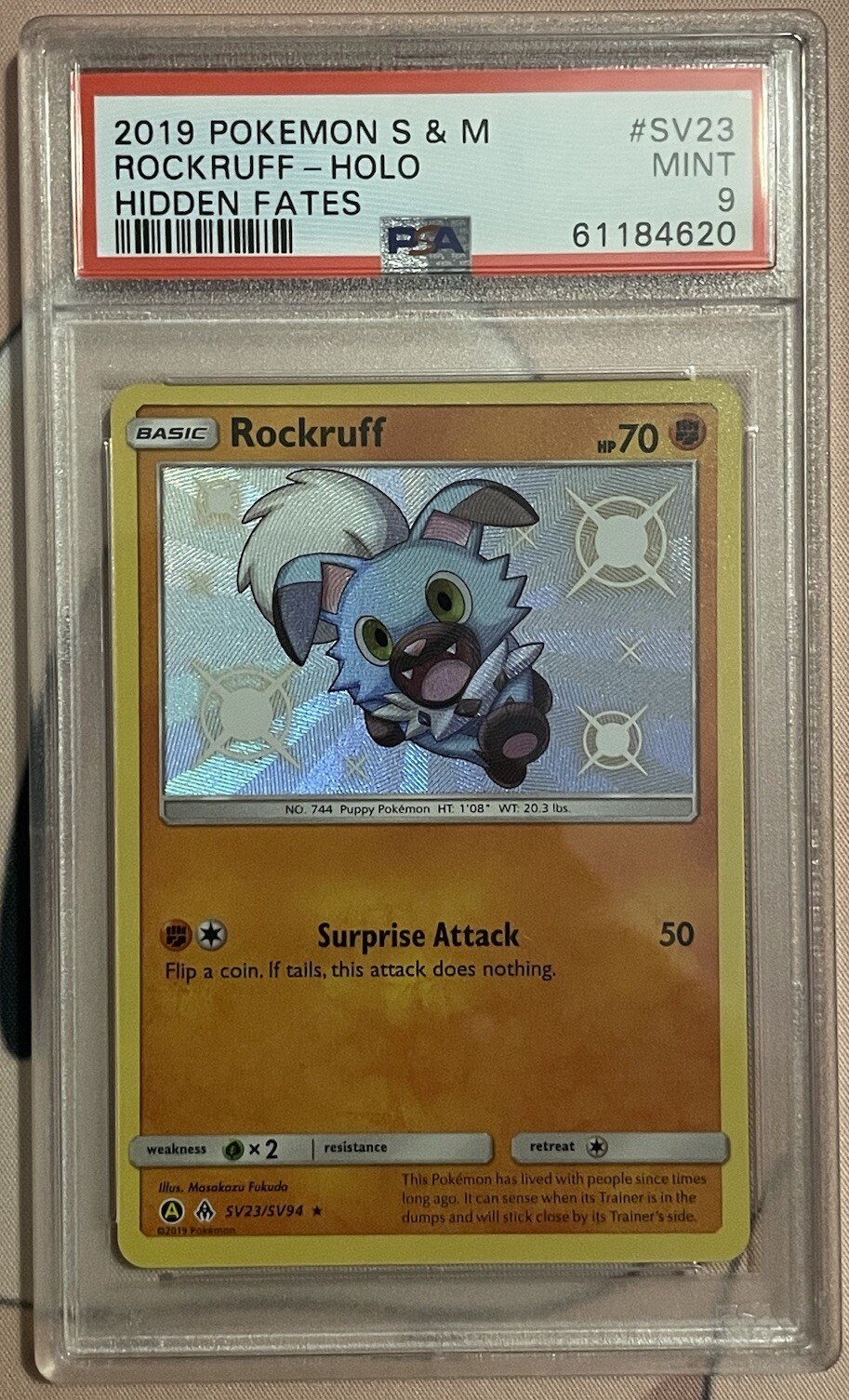 Pokemon Rockruff Hidden Fates Holo Rare #SV23 PSA 9 Mint