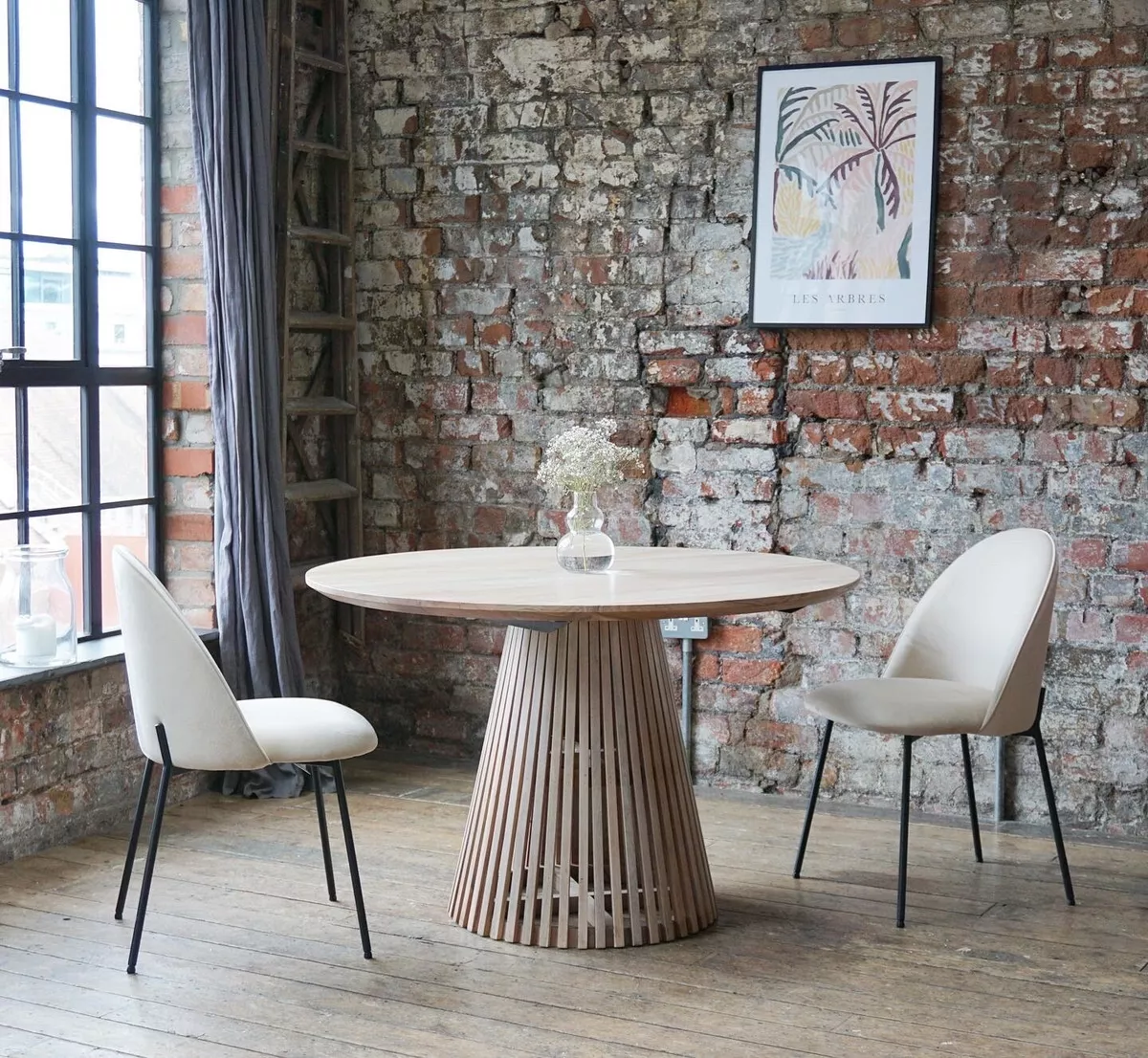 Remi Luxury Round Solid Acacia Wood Dining Table in Whitewash 120cm  Scandinavian