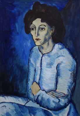 Fine unique Blue period painting – Portrait of woman, signed Pablo