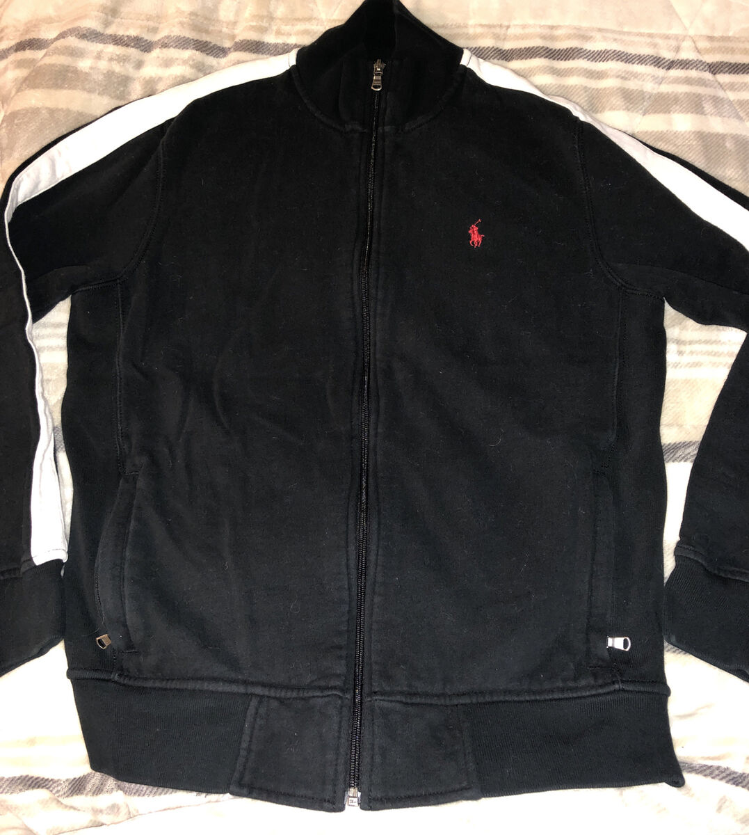 Polo Ralph Lauren Men Medium Track Jacket Black White Stripe Polo Ralph Lauren Men Medium Track Jacket Black White Stripe