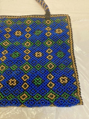 Vtg Art Deco Micro Glass Beaded Purse Multi-Color Geometric Design Blue Green - Picture 3 of 10