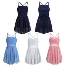 Kid Girls Glittery Mesh Leotard Dress Spaghetti Shoulder Straps Ballet Dancewear
