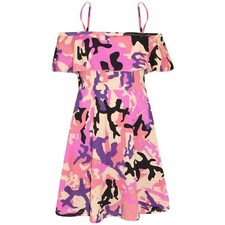 Girls Skater Dress Kids Camouflage Print Summer Party Off Shoulder Dresses 5-13Y