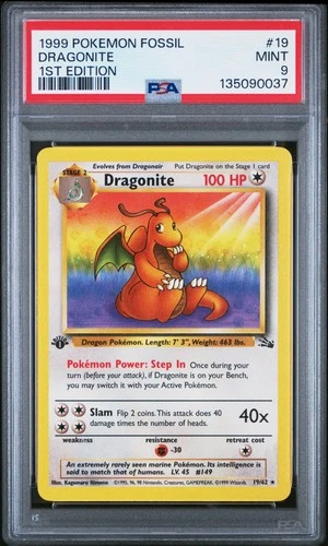 1999 Pokemon Fossil #19 Dragonite 1st Edition PSA 9