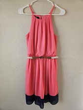IZ Byer Mini Dress Womens Small Coral Pink Black Fringe Braided Belt Event Wear