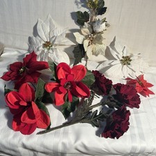Artificial Poinsettia Flower Stems/Sprays Mixed Lot, Red  White Fabric