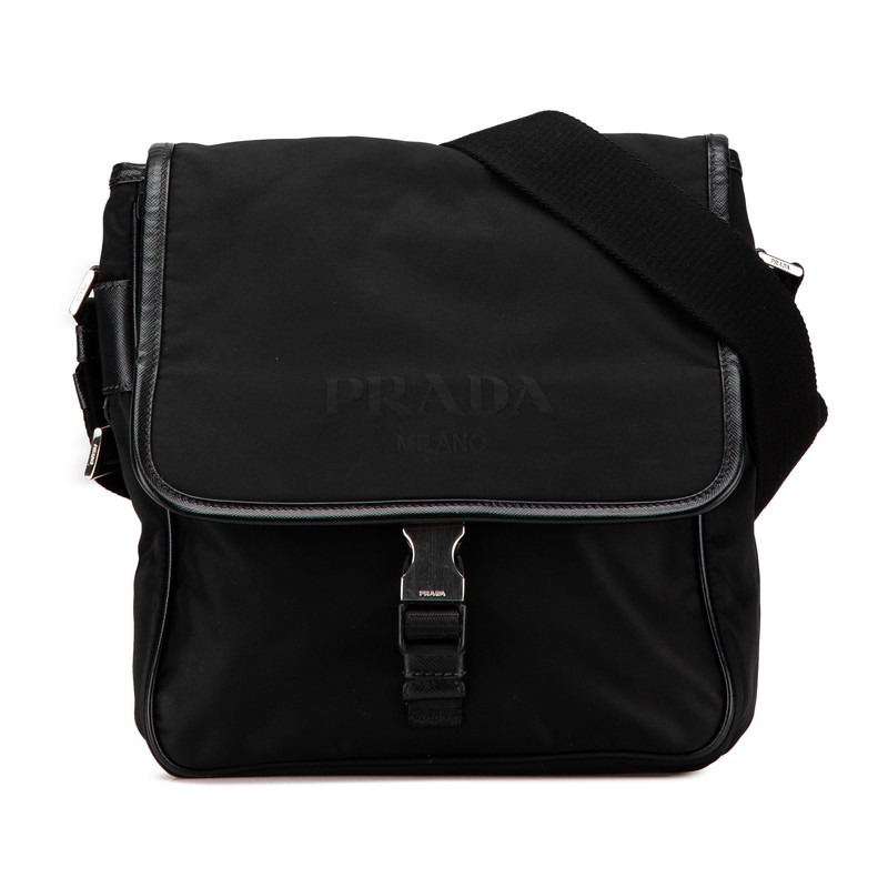 Prada Triangle Logo Plate Crossbody Shoulder Bag Black Nylon Leather Women'S Use