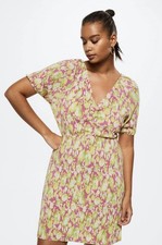 Mango Floral V-Neck Mini Dress – Pink & Lime Green NWT Sz XL Stretchy