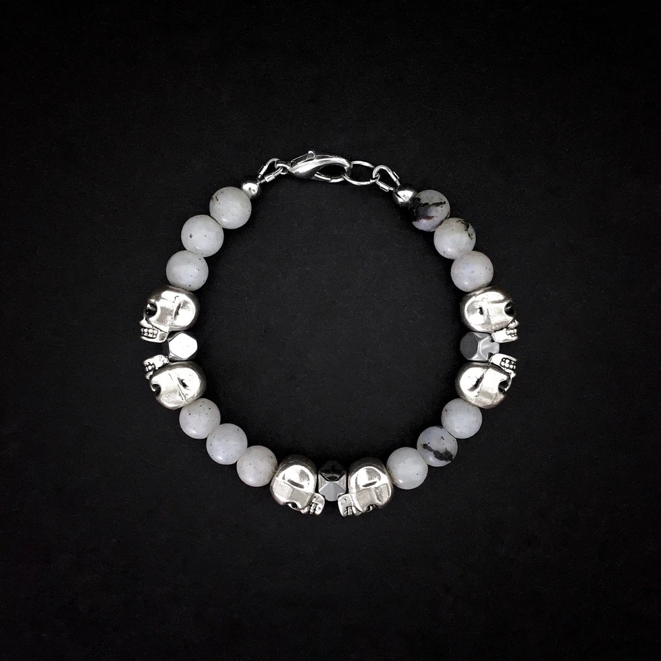 💀 Pulsera de plata con cuentas de labradorita y hematita calavera hecha a mano joyería para hombre Foto 3 de 4