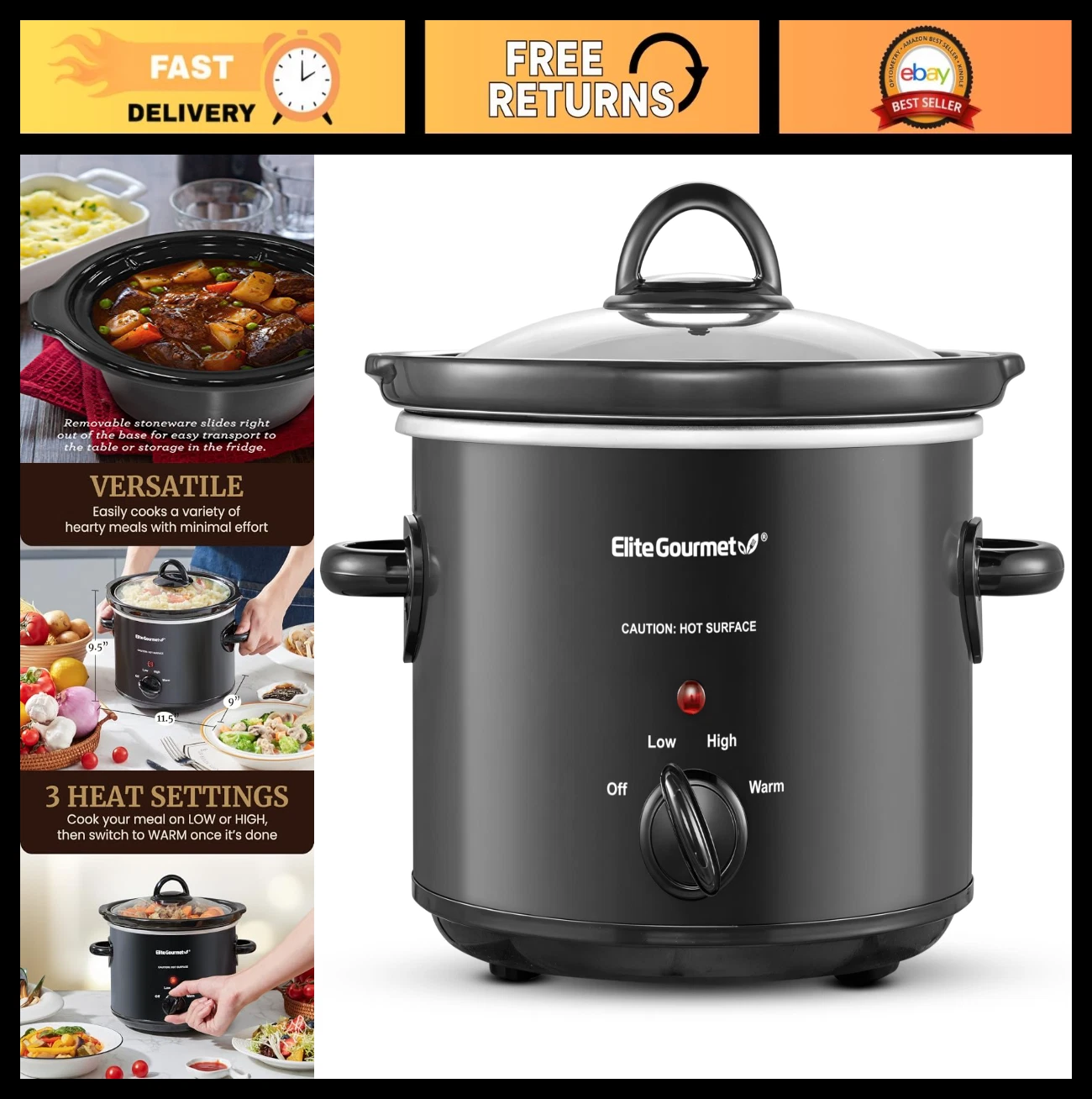 3 Quart Electric Slow Cooker - Adjustable Temp for Entrees, Sauces, Stews & Dips