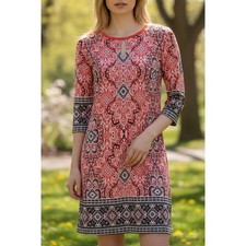 Coral Navy Paisley Medallion Keyhole Shift Dress XL 3/4 Sleeve Wedding Office