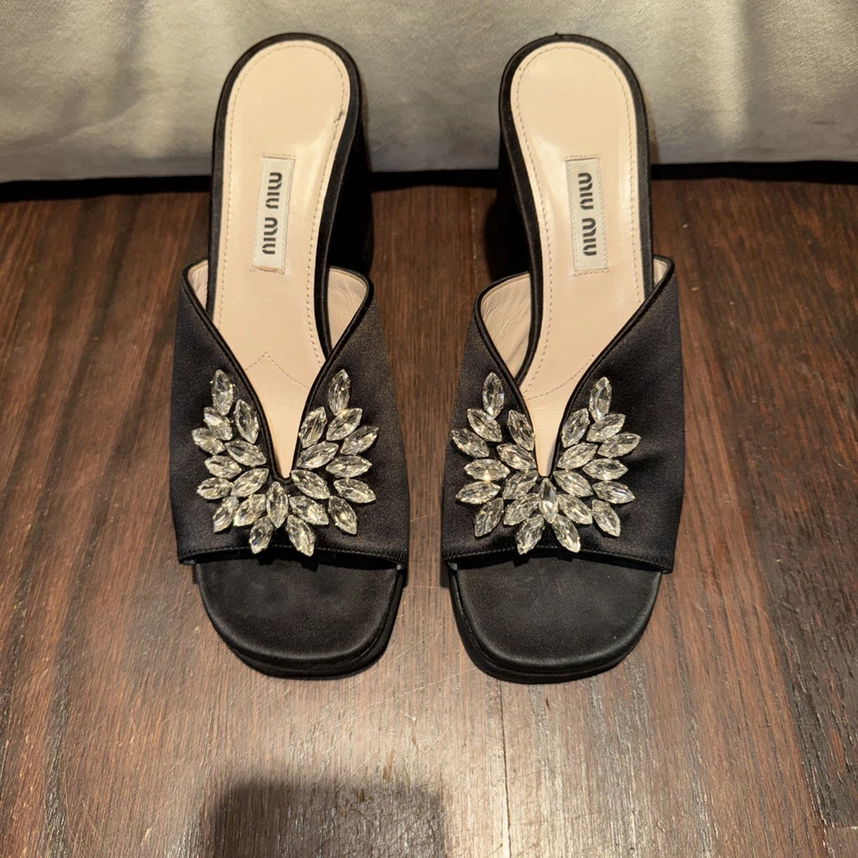 Miu Miu Satin Crystal Embellishments Slides Women's Shoes Size: 6.5 - Image 3 of 4