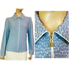 Nice Sky Blue White Eyellash St John Knit Suit Jacket sz 12