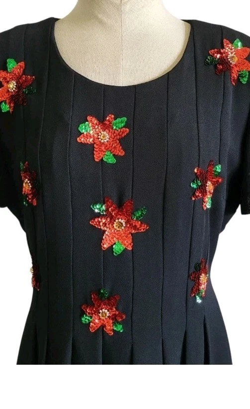 Maxi Vestido Jessica Howard De Colección Años 90 Negro Navidad Lentejuelas Flor de Pascua Talla 12  Foto 2 de 4