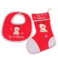 My 1st Christmas Baby Bib Stocking Set Reindeer Design Red Polka Dot Trim