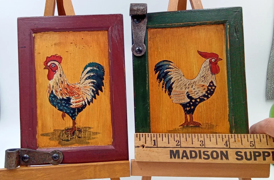 Rooster Picture Primitive Wood Frame Metal Rustic 1999 Blue Sky CA 5x7" Set of 2 - Image 4 of 4