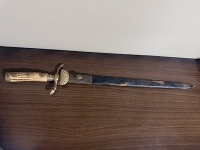 Antique German Hunting Dagger Hirschfanger with Stag Handle and Scabbard