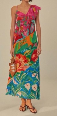 Farm Rio Mixed Flowery Ruffle One Shoulder Midi Dress Tropical Floral Pink Med
