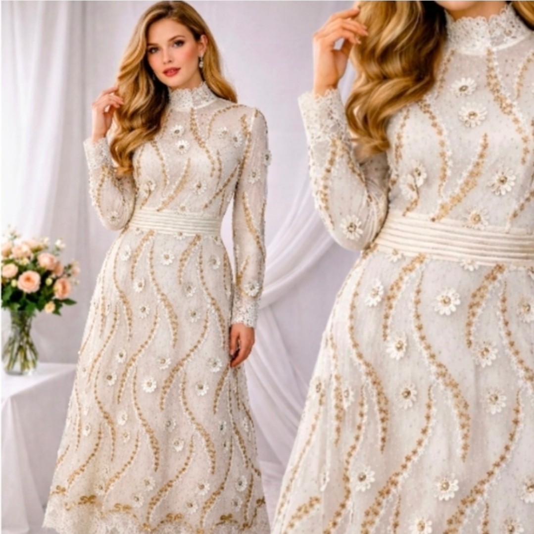 Zhivago Custom Design White & Gold Floral Embellished Pearls Lace Dress Size M