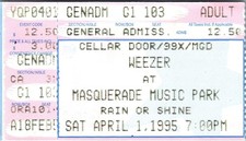 WEEZER TICKET STUB, MASQUERADE MUSIC PARK, APR. 1 1995