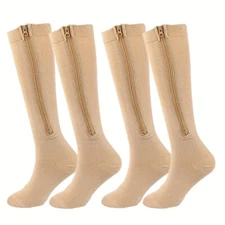 3x Zip-Up Compression Socks 30-40 mmHg GRADE Knee-High Unisex Leg Support NUDE--