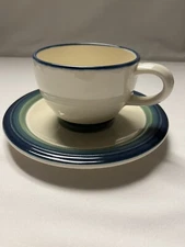Pfaltzgraff Set of 2 Coffee/Tea Cups & Saucers-Ocean Breeze Blue w/Green Vintage