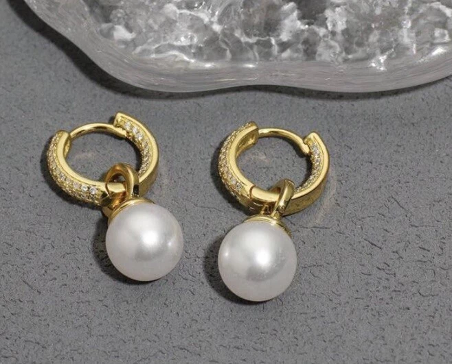 New 💞Gorgeous Gold Plated Classic Rhinestone Dangle Pearl Huggie Hoop Earrings - image 2 of 4