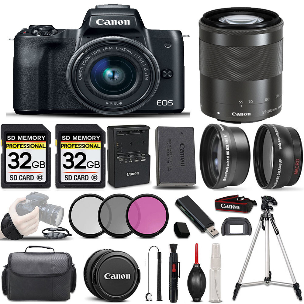 Canon EOS M50 II Camera 15-45mm STM Lens 55-200mm Lens
