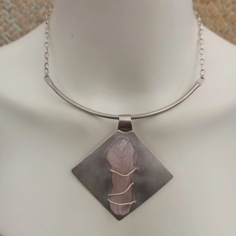 OOAK Sterling Silver Necklace Modernist Brushed Pink Quartz Bold Sculptural Gift - Image 2 of 4