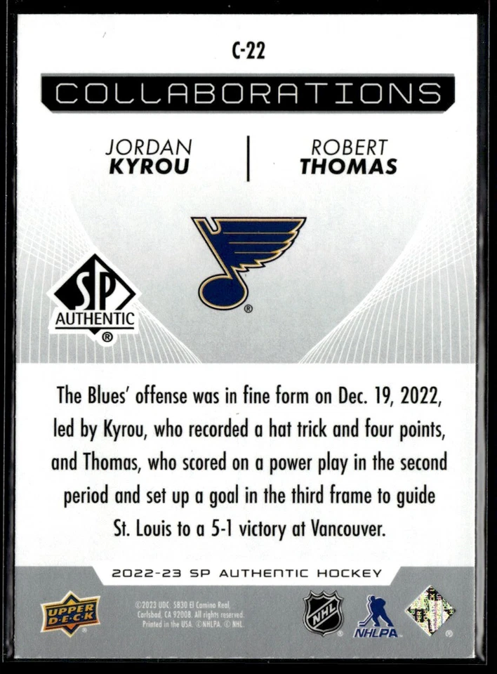 2022-23 SP Authentic Collaborations Jordan Kyrou / Robert Thomas #C-22 - Image 2 of 2