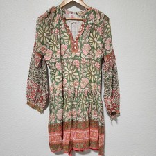 Bella Tu Block Floral Print Midi Bohemian Dress V-Neck Small Coastal Resort