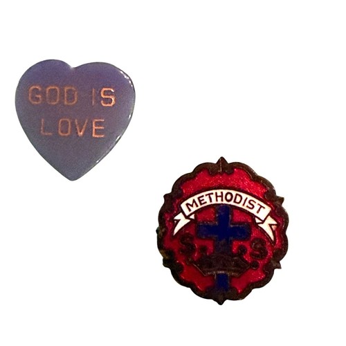 Vintage Methodist Church Pin Little System & God is Love Heart Lapel Pin Lot